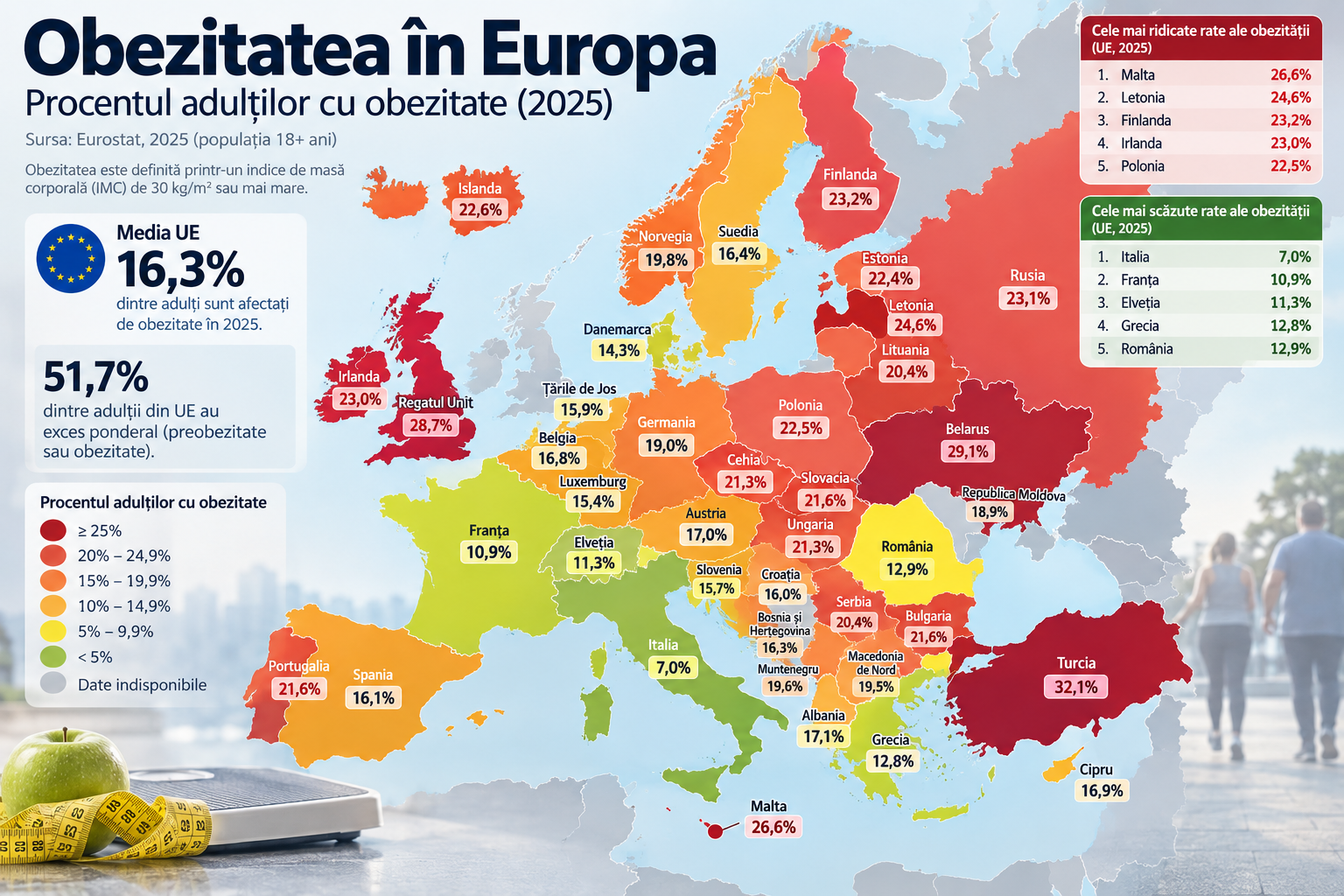 Obezitatea în Europa: peste jumătate dintre adulți au exces ponderal